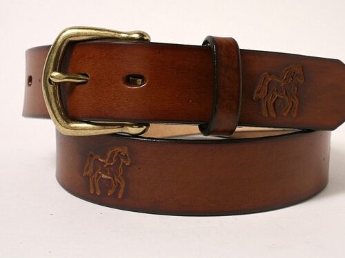 Tooled Leather Horse Belt in Dark Tan Antique Hand Dye with 1-1/2" Natural Brass Buckle