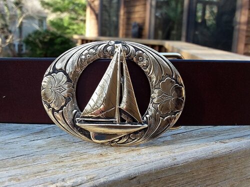 Artisan Handcrafted Sailboat Leather Belt on Oval Buckle in Solid Brass