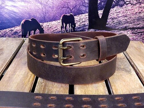 Double Prong Leather Belt in Brown Distressed with 1-1/2" Textured Roller Bar Buckle