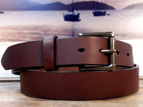 Patriot Colonial Leather Belt in Walnut Bridle with 1-1/4" Antique Brass Roller Bar Buckle