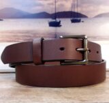 Patriot Colonial Leather Belt in Walnut Bridle with Antique Brass Roller Bar Buckle