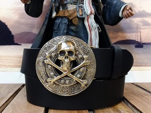 Skull & Crossbones Leather Belt on Black Bridle with Solid Brass Buckle