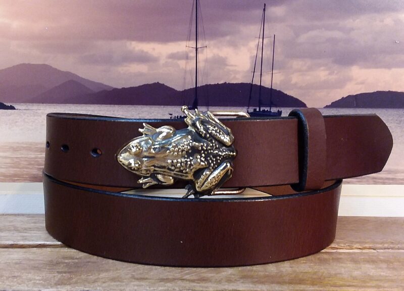 Ribbit Frog Leather Belt on Walnut Bridle Leather