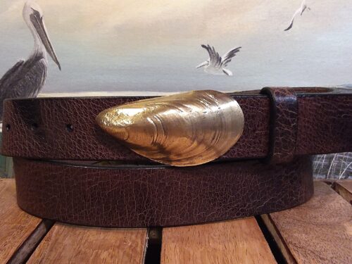 Mussel Shell Leather Belt Solid Brass on Brown Vintage Glazed