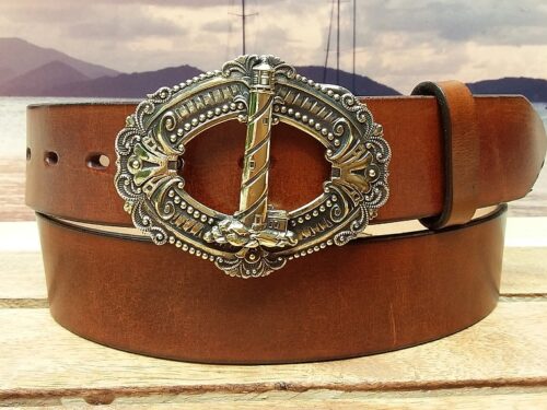 Artisan Handcrafted Lighthouse Buckle Leather Belt in Solid Brass Artisan Handcrafted Lighthouse Buckle Leather Belt in Solid Brass