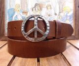 World Peace Leather Belt in 1-5/8" width Tan Oiled with White Bronze Silver Peace Buckle