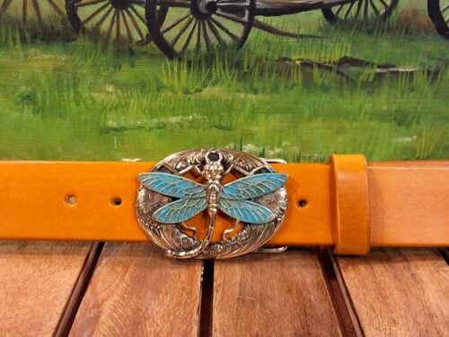 Curved Tail Dragonfly Buckle Leather Belt on 1-1/2" Sunshine Yellow Hand Dye with Solid Brass Buckle