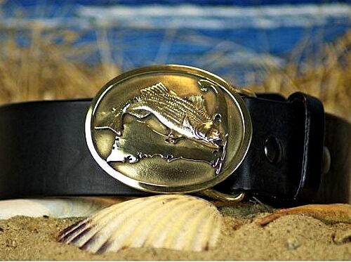 Cape Cod Island Striped Bass Leather Belt on Black Bridle in Solid Brass