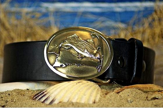 Cape Cod Island Striped Bass Leather Belt on Black Bridle in Solid Brass