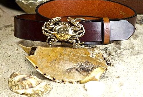 Blue Shell Crab Leather Belt with Solid Brass Buckle