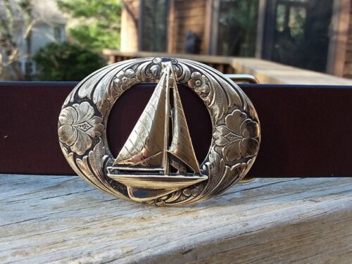 Cape Cod Island Sailboat Belt on Etched Oval in Solid Brass