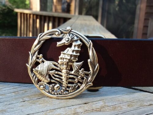 Seahorse Fish Leather Belt in Solid Brass