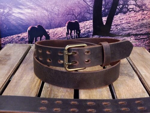 Double Prong Leather Belt in Brown Distressed Antique Brass Textured Roller in 1-1/4" or 1-1/2"