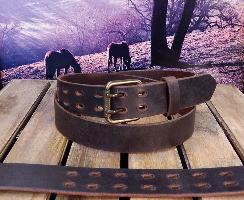 Double Prong Leather Belt in Brown Distressed Antique Brass Textured Roller in 1-1/4" or 1-1/2"