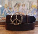 Peace Sign Leather Belt in Brown Distressed with Red Bronze Buckle
