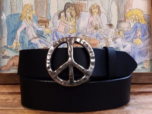 Peace Sign Leather Belt in Black with White Bronze Silver Buckle
