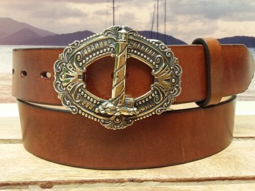 Lighthouse Nautical Leather Belt on Tan Harness