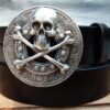 Skull and Crossbones Leather Belt in Silver Plate