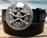 Skull and Crossbones Leather Belt in Silver Plate