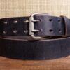 Double Prong Leather Belt in Stone Distressed and Nickel Matte Texture Roller