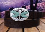 Dragonfly Leather Belt on Brown Vintage Glazed on Curved Tail in Silver Plate