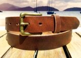 Patriot Colonial Leather Belt in Bomber Brown in 1-1/4" Solid Brass Roller Bar Buckle