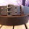 Double Prong Leather Belt in Brown Distressed with Antique Brass Roller