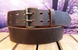 Double Prong Leather Double Prong Leather Belt in Brown Distressed with 1-3/4" Antique Brass Roller