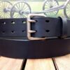 Double Prong Leather Belt in Black Distressed with Nickle Matte Roller