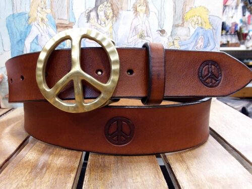 Tooled Peace Sign Leather Belt in 1-1/2" Tan Antique with Solid Brass
