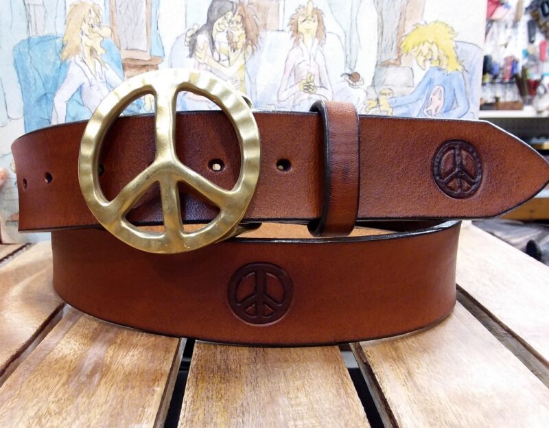 Tooled Peace Sign Leather Belt in Tan Antique with Solid Brass