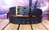Double Prong Leather Belt All Holes Boxer Brown with Natural Brass Buckle