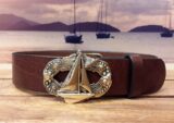 Cape Leather Sailboat Belt on 1-1/2" Cognac Aztec in Solid Brass