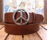Peace Leather Belt in Tan Oiled with White Bronze Silver Peace Buckle