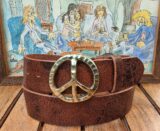 Peace Sign Leather Belt in 1-5/8" Tan Vintage Glazed with Solid Brass Buckle