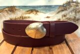 Quahog Shell Leather Belt in Solid Brass on Burgundy Oiled Leather