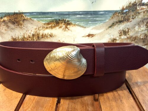 Quahog Shell Leather Belt in Solid Brass on Burgundy Oiled Leather