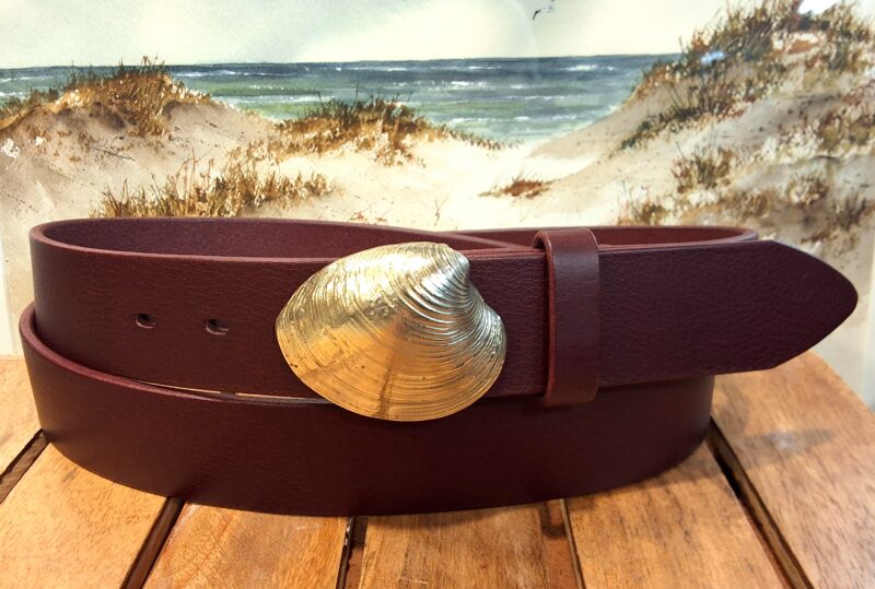 Quahog Shell Leather Belt in Solid Brass on Burgundy Oiled Leather