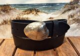 Quahog Shell Leather Belt in White Bronze Silver on Black Leather