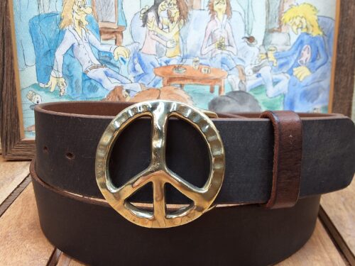 World Peace Sign Leather Belt on 1-1/2" Brown Distressed with Solid Brass Peace Buckle