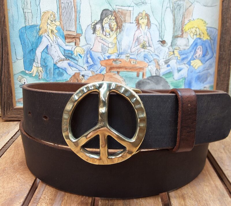 World Peace Sign Leather Belt on 1-1/2" Brown Distressed with Solid Brass Peace Buckle