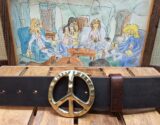 World Peace Sign Leather Belt on 1-1/2" Vintage Brown Distressed with Solid Brass Peace Buckle