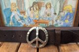 World Peace Sign Leather Belt in White Bronze Silver on Brown Vintage Glazed