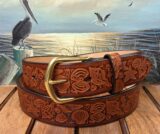 Seashell Collage Embossed Leather Belt in Dark Tan Antique Finish with 1-1/2" Natural Brass Buckle