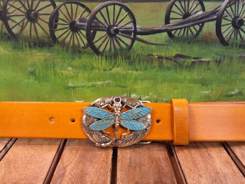 Curved Tail Butterfly Buckle on 1-1/2" Sunshine Yellow Hand Dye Leather Belt