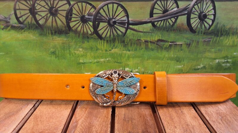 Curved Tail Butterfly Buckle on 1-1/2" Sunshine Yellow Hand Dye Leather Belt