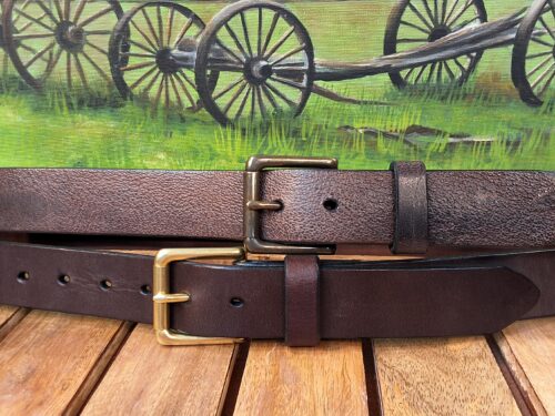 Patriot Colonial Roller Bar Handcrafted Leather Belt in Brown Vintage Glazed with Antique Roller Bar Buckle and Brown Bridle with Natural Brass Roller Bar Buckle