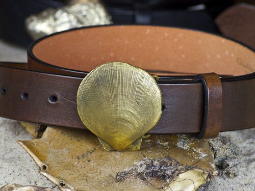 Sea Scallop Leather Belt in Solid Brass