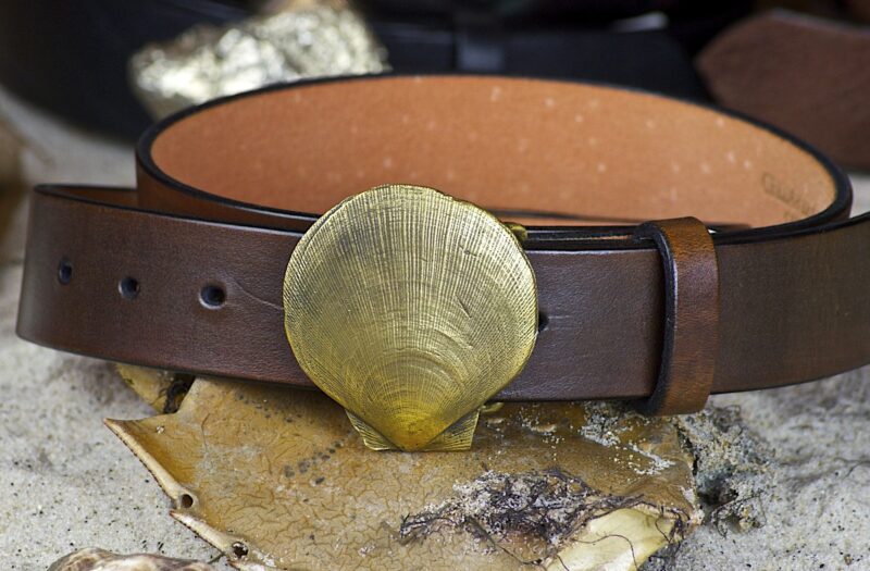 Sea Scallop Leather Belt in Solid Brass