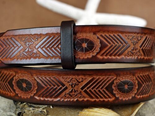 Chevron Embossed Leather Belt in Brown Antique Hand Dyed in Two Tone